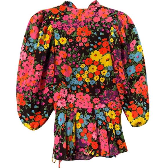 Les Rêveries Puff Sleeve 100% silk bright floral Wrap Top made in USA - Picture 3 of 8